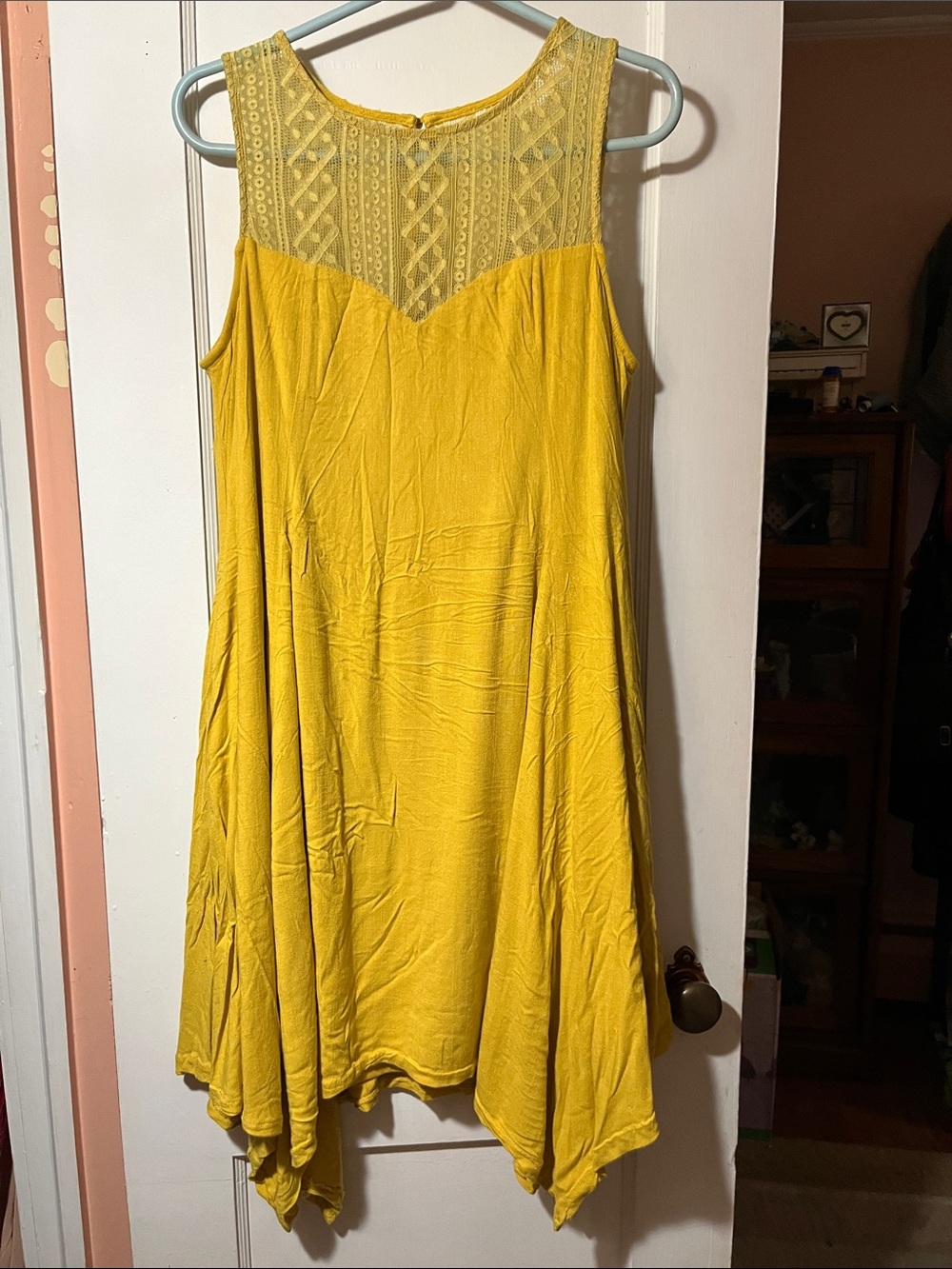 torrid mustard Yellow Lace Yoke Handkerchief Hem Midi Dress